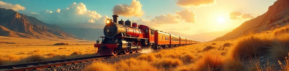 Obraz premium A vibrant, vintage train speeding through a sun-drenched landscape, embodying the thrill and freedom of passionate travel , journey, steam