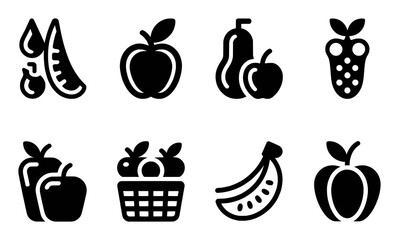 Collection of stylized fruit icons including apples, bananas, pears, and strawberries
