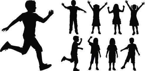 Silhouettes of children running, jumping, and celebrating in various poses, vector illustration for childhood, play, movement, and physical activity themes