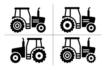 Four Black Silhouette Icons of Tractors on a White Background