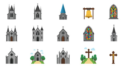 Naklejka premium Flat design of medieval churches and stained glass windows with bell and crosses