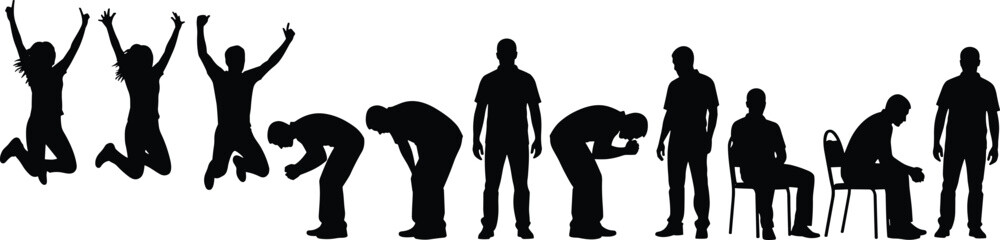 Silhouette sequence of human figures showing emotional transformation from joy to sadness, active jumping to seated stillness, conceptual vector illustration design
