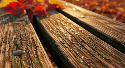 Extreme close-up of wet rustic wooden bench with peeling paint and autumn leaves, glistening in light