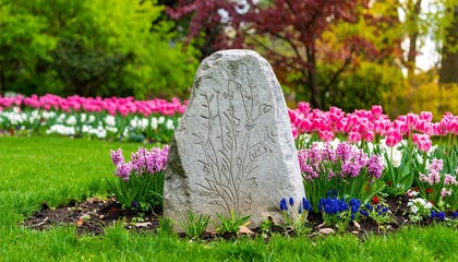 Ornate stone in spring garden