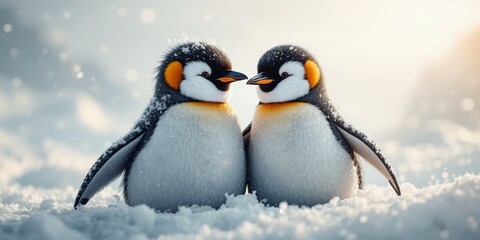 Obraz premium Snowy Embrace: A Cute Penguin Couple in Winter