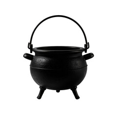 A black, round cauldron with a handle, sitting on three legs against a transparent background. Perfect for Halloween decorations and spooky design projects.