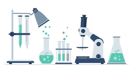Laboratory equipment and experiments in flat design for science and research concepts