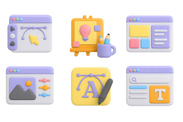 Creative design tools in 3d clay style for digital art and web development