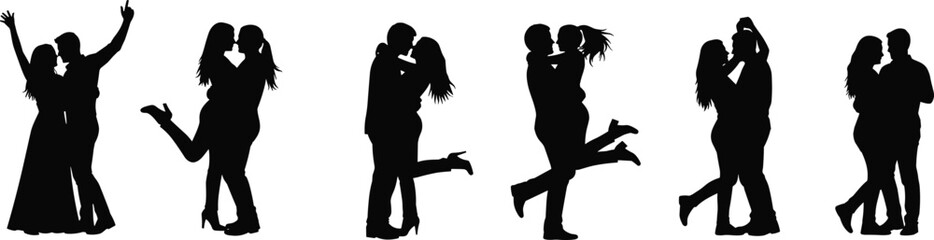 Romantic couple silhouette poses collection with love, dance, kiss, hug, embrace, passion, relationship, romance, happiness, and affectionate vector art
