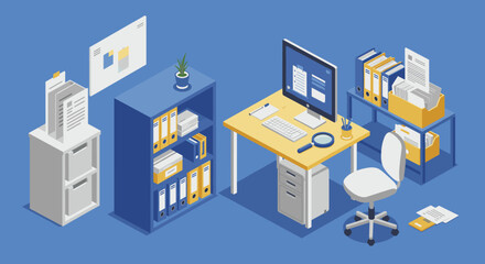 Fototapeta premium Modern isometric office workspace design with desk, computer, and filing systems