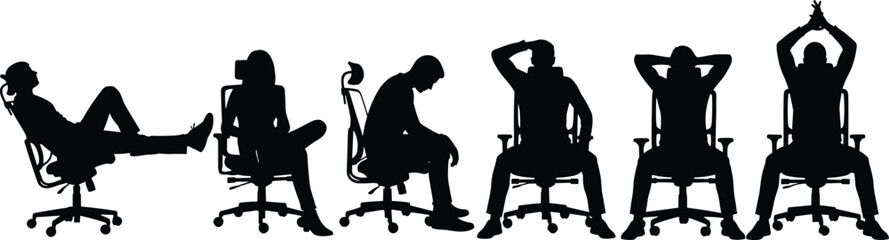 Office Chair Silhouettes Displaying Seated Postures, Ergonomic Positions, Workplace Emotions, Relaxation, Stress, Thinking, Stretching, Fatigue, Confidence, Body Language Variations