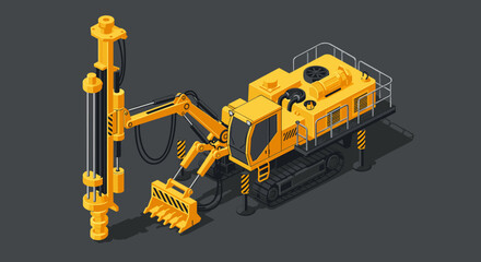 Obraz premium Isometric yellow drilling machinery on dark grey background