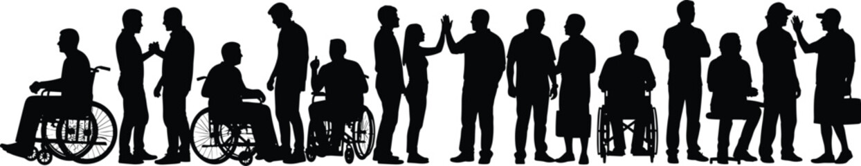 Inclusive diverse community group silhouette with people standing and in wheelchairs, teamwork, accessibility, equality, social integration, business, communication, unity