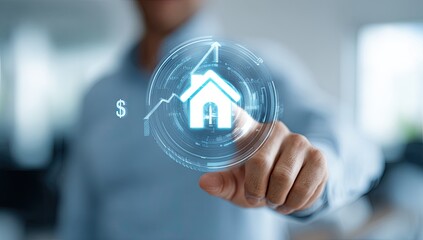 Person interacting with a holographic home icon