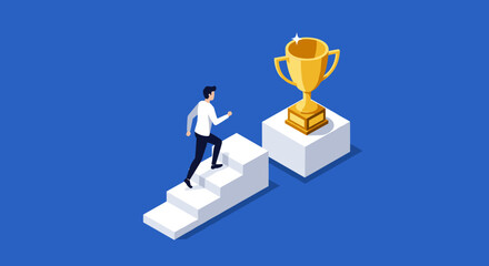 Achieving success: businessman climbing steps toward golden trophy in isometric style