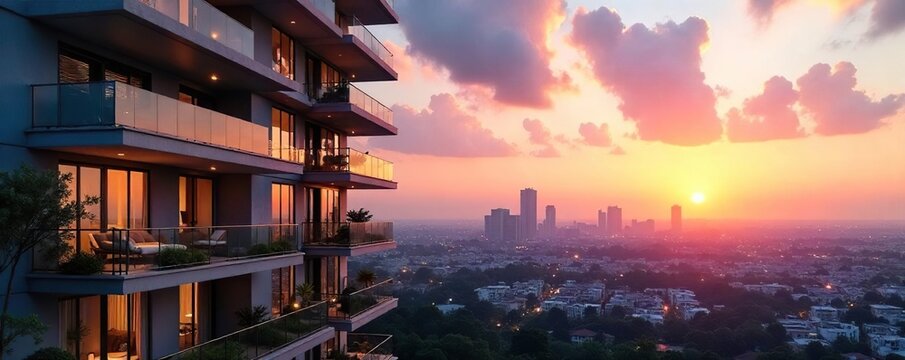Modern condominium building with sleek architecture and balconies overlooking a cityscape at sunset Luxury apartments, urban living, city views, residential complex , horizon, residence