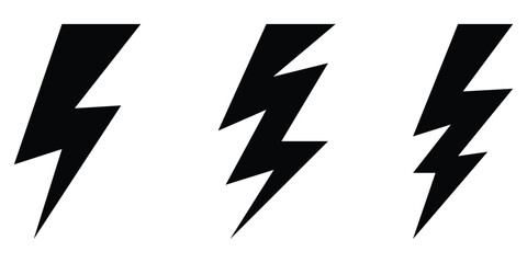 Black lightning vector icon set on white background. Different shapes black lightning icon. Thunderbolt logo icon on isolated white background. EPS 10. 