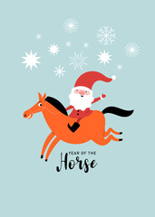 christmas card with santa and horse