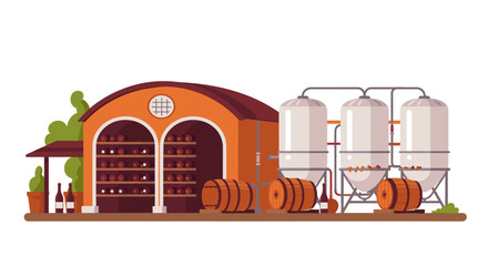 Winery production facility with storage tanks and oak barrels in modern flat design