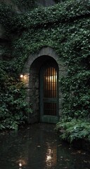 Fototapeta premium Stone archway entrance, overgrown with ivy, in a watery setting