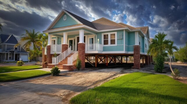 A large house with blue siding and white trim sits elevated on stilts, featuring a warm brown shingle roof.