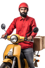 Delivery Man Riding Scooter with Package on Transparent Background. Fictional Character Created By Generative AI