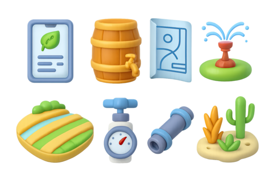 Eco-friendly water management icons in soft 3d style for sustainability concepts