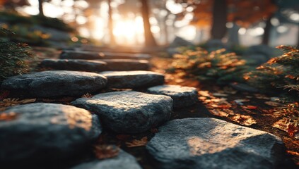 Stone steps ascend into a sunlit autumn forest