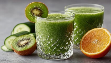 Two glasses of vibrant green smoothie, garnished with kiwi slices, alongside cucumber and orange