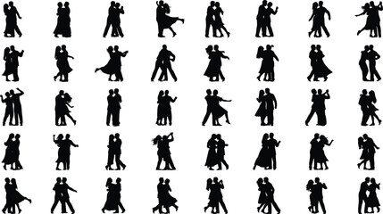 Black silhouette vector illustration of multiple dancing couples in various poses, ballroom, tango, waltz, salsa, romantic dance, performance concept