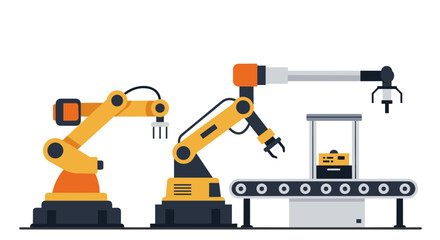 Robotic arms on factory conveyor belt in industrial automation scene