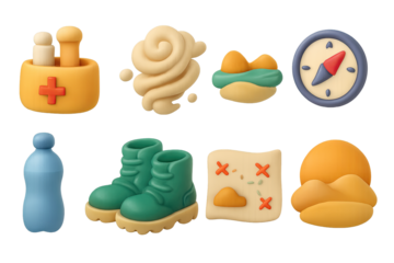 3d hiking essentials: compass, boots, and more in soft pastel tones