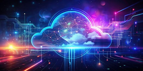 Abstract Cloud Computing Technology Background, Digital Server Network, Data Storage, Internet Cloud Service, Hosting Platform