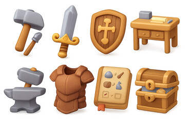 Fantasy game icons: sword, armor, shield, and treasure chest in 3d cartoon style