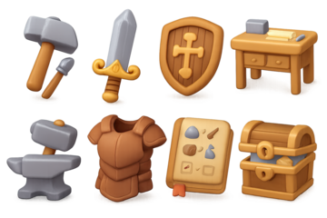 Fantasy game icons: sword, armor, shield, and treasure chest in 3d cartoon style