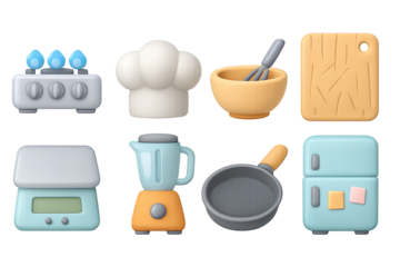 Cute 3d kitchen icons with blender, frying pan, chef hat, and more