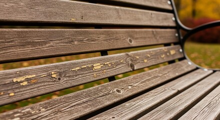 Fototapeta premium Weathered wooden park bench planks with a reflection of autumn colors in a round lens.