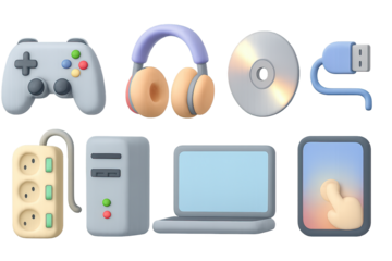 3d technology set: game controller, headphones, laptop, and more