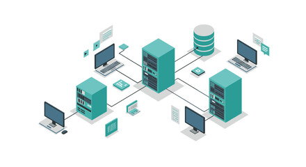 Isometric data network with servers and computers in teal