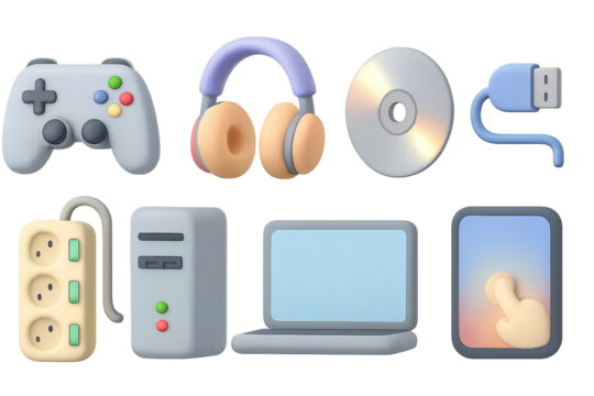 3d technology set: game controller, headphones, laptop, and more