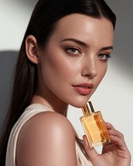 Una joven modelo sostiene un frasco de perfume con una mirada enigmática.