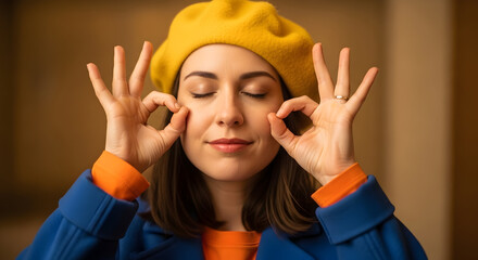A woman in a yellow beret finds inner peace with a perfect gesture of mindful meditation in soft