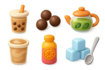 3d cartoon style beverage icons: bubble tea, herbal tea, coffee, juice, ice c…