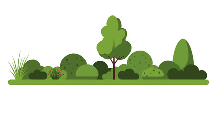Flat style green garden with trees and bushes on white background