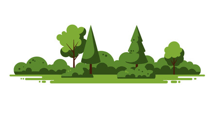 Obraz premium Simple flat style green forest scene with trees and bushes on white background