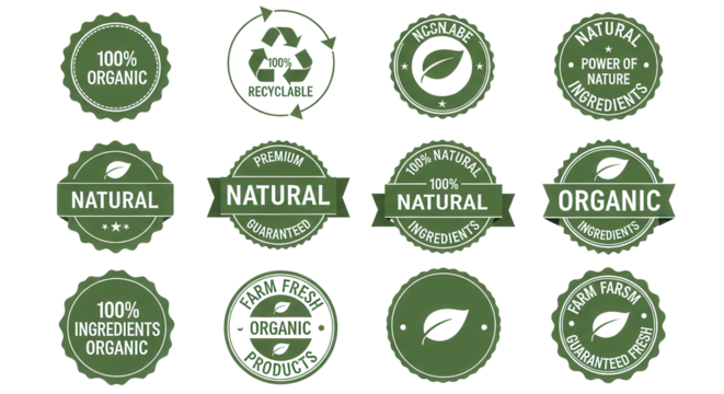 Set of Natural Organic Green Labels and Eco Badges Vector Collection Isolated