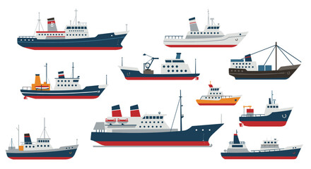 Diverse collection of flat design ships and boats for nautical themes