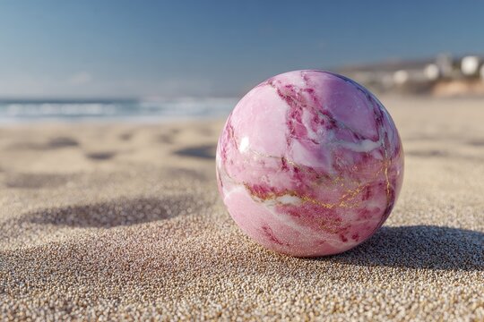 Pink marble sphere on sandy beach, ocean view