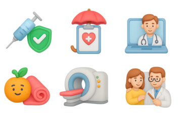 Healthcare icons set featuring 3d medical equipment and professional characters