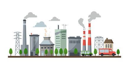 Flat design urban industrial landscape with factories and smokestacks